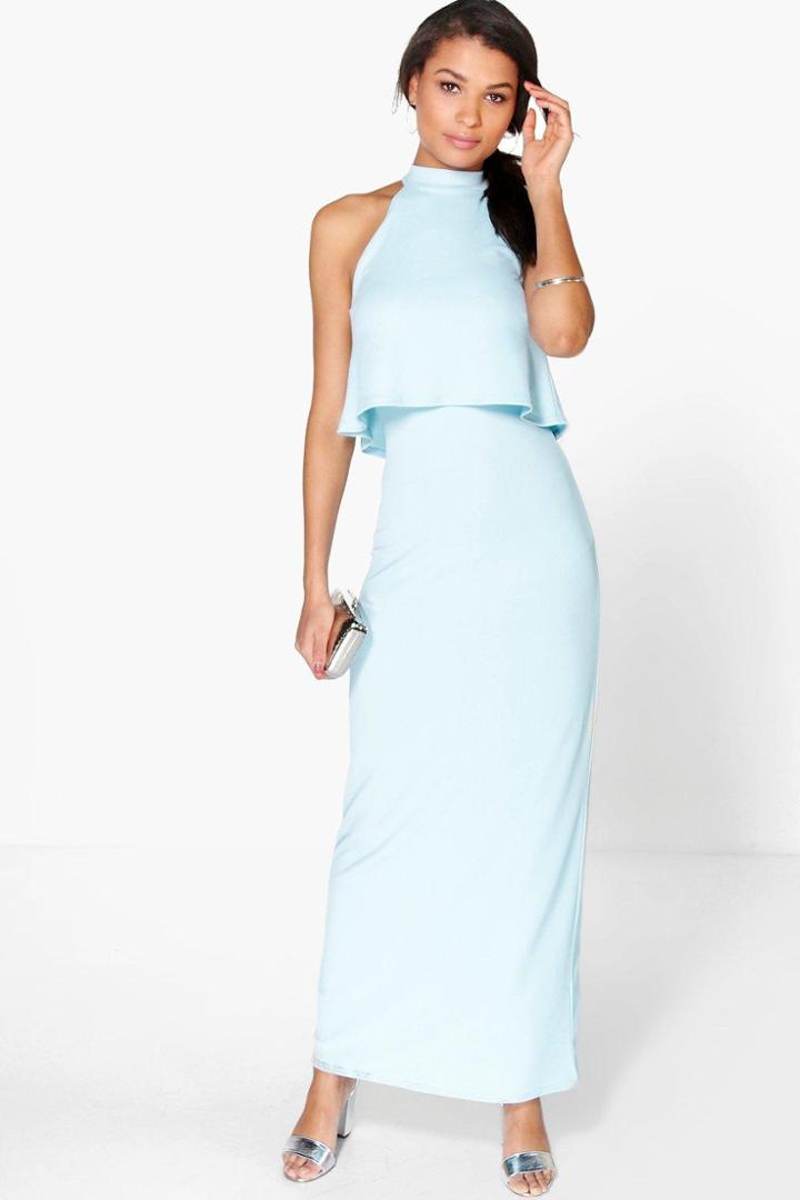 Boohoo Lisandra High Neck Double Layer Maxi Dress Sky