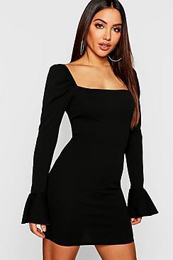 Boohoo Off Shoulder Puff Sleeve Frill Cuff Bodycon Dress