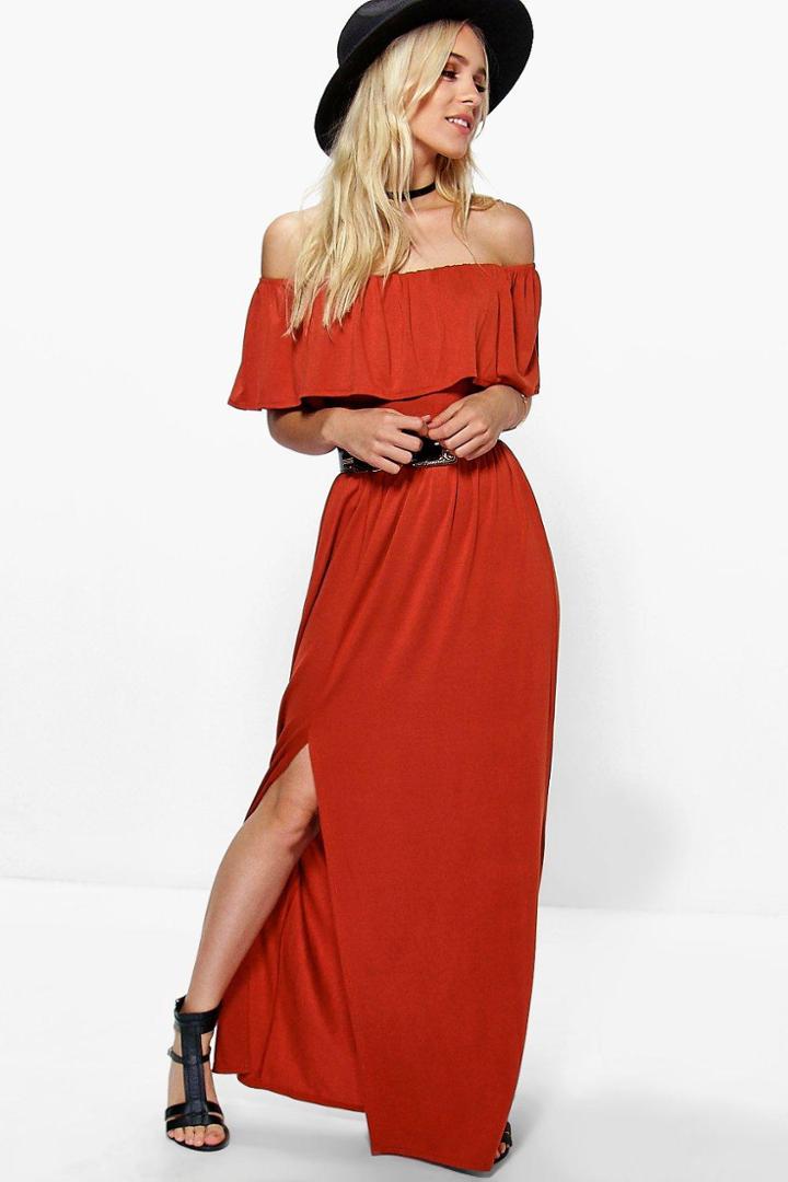 Boohoo Petite Aria Ruffle Bandeau Split Front Maxi Dress Chestnut