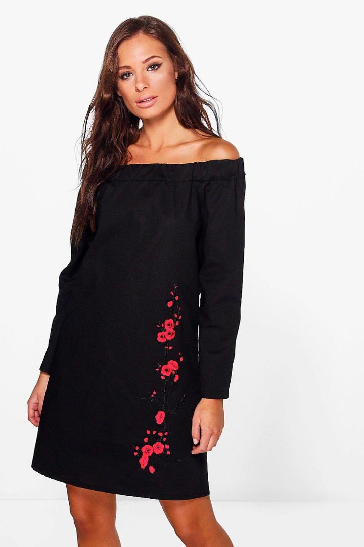 Boohoo Freida Long Sleeve Off Shoulder Shift Dress Black