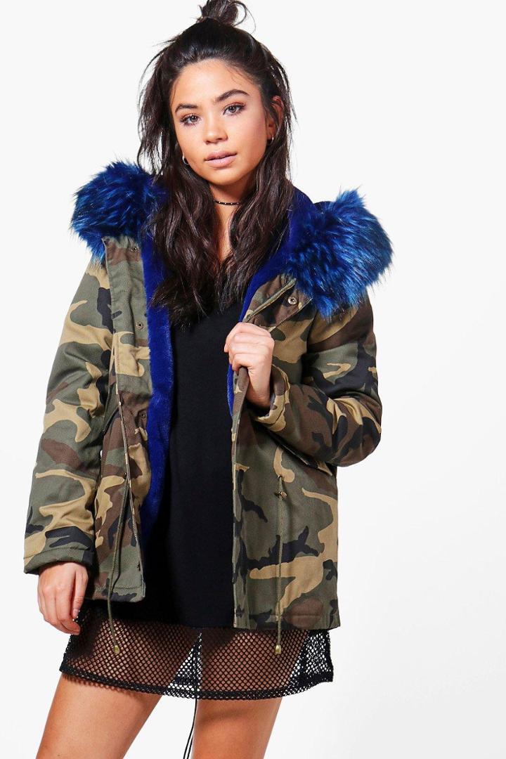 Boohoo Charlotte Short Camo Faux Fur Lined Parka Blue