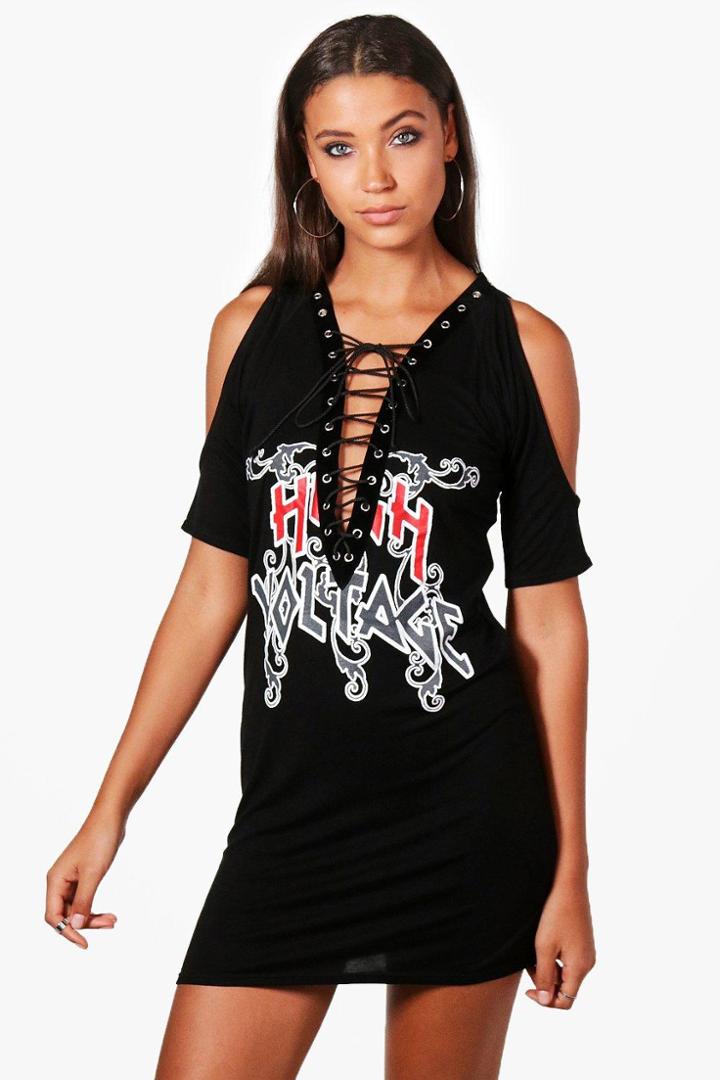 Boohoo Tall Sarah Cold Shoulder Lace Up Band Tee Black