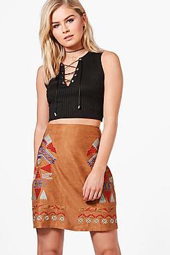 Boohoo Leonora Embroidered Front Suedette Mini Skirt