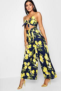 Boohoo Aria Lemon Print Tie Front Jumpsuit
