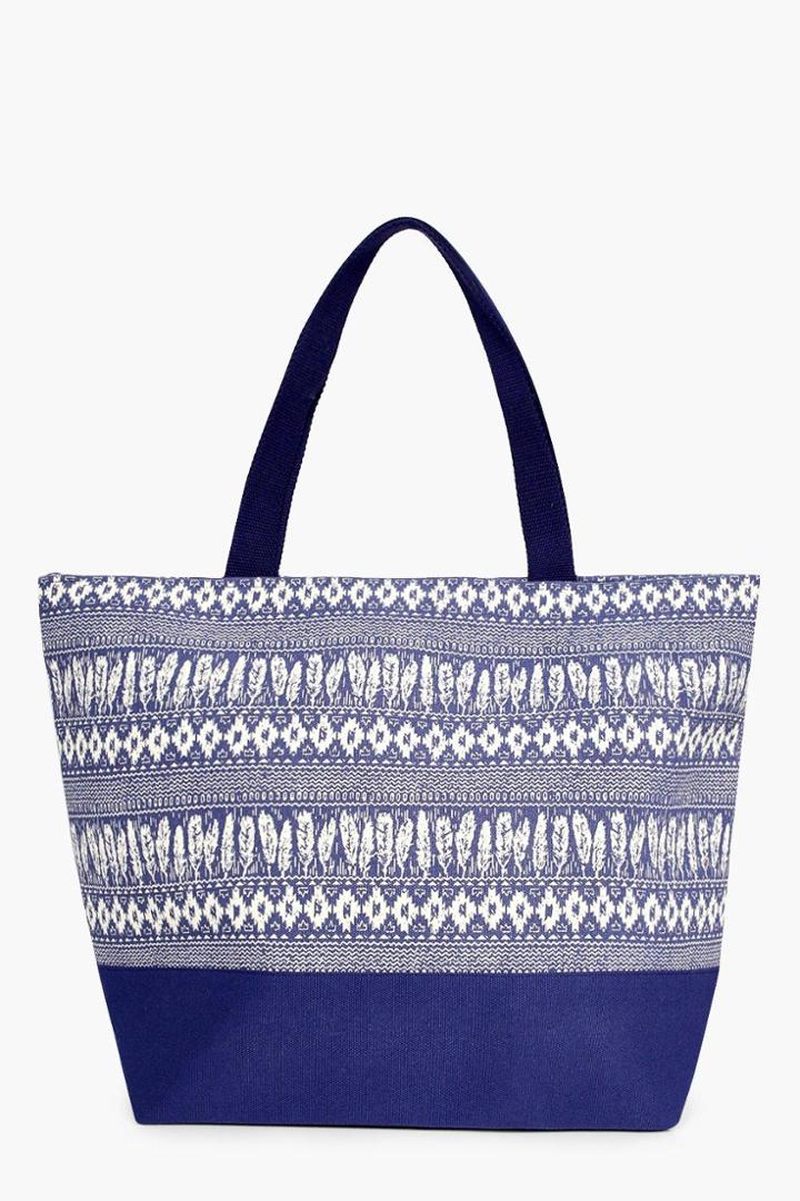 Boohoo Sophia Feather Print Beach Bag Blue