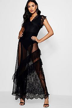 Boohoo Dobby Lace Teirred Maxi Dress