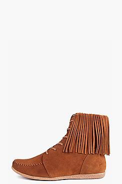 Boohoo Boutique Megan Ankle Fringe Suede Festival Boot