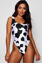 Boohoo Cow Print High Leg Scoop Swimsuit