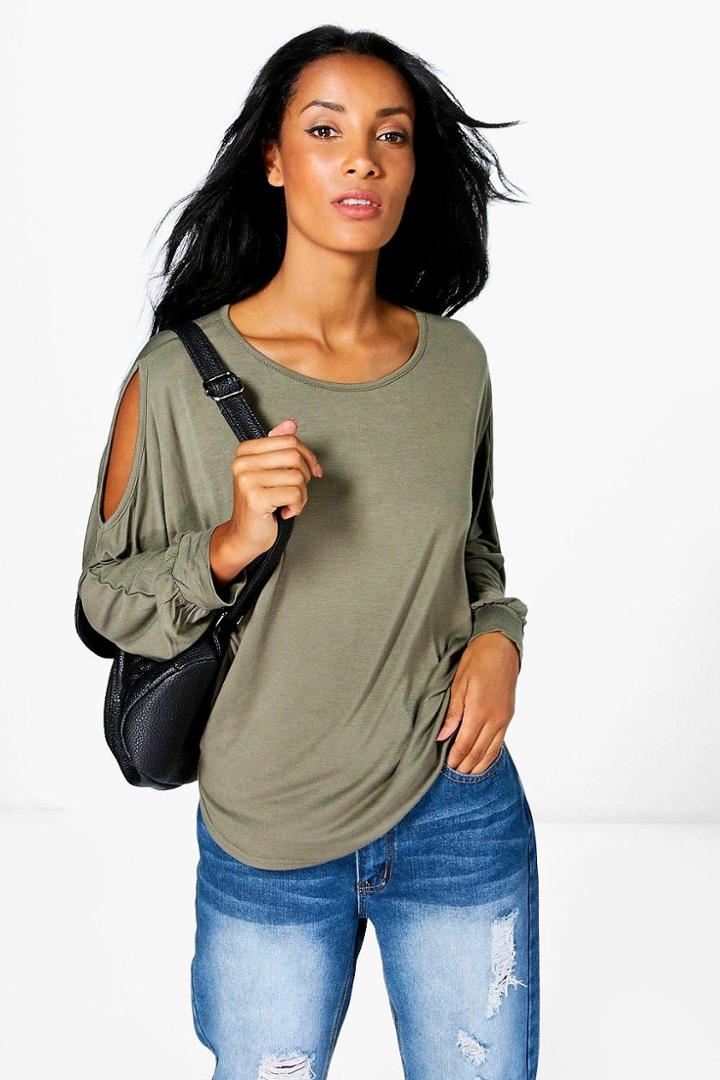 Boohoo Emma Cold Shoulder Dipped Hem Top Khaki