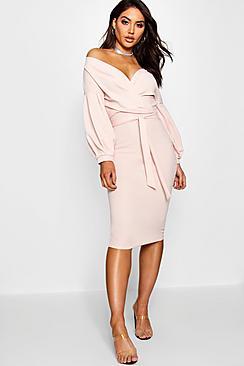 Boohoo Off The Shoulder Wrap Midi Bodycon Dress