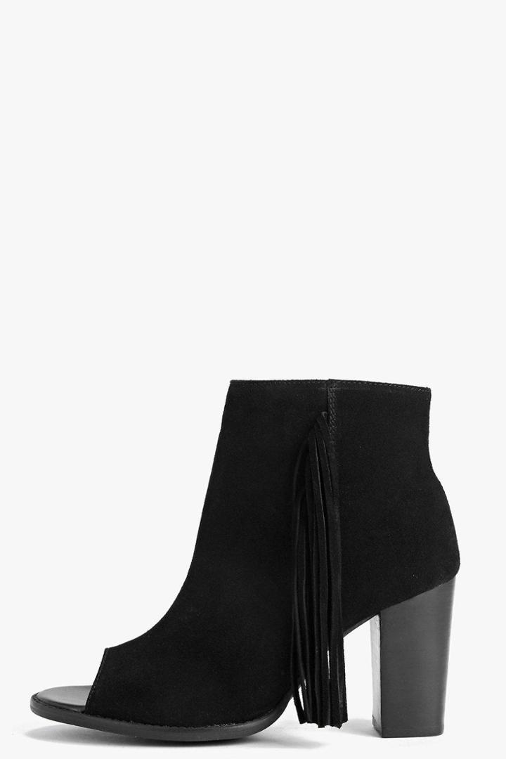 Boohoo Boutique Sophia Fringe Trim Suede Peeptoe Boot Black