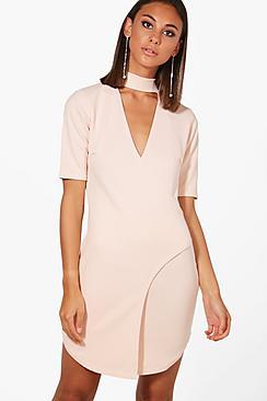 Boohoo Choker Ribbed Wrap Bodycon Dress