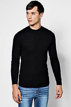 Boohoo Muscle Fit Grandad Collar Basket Knit Jumper