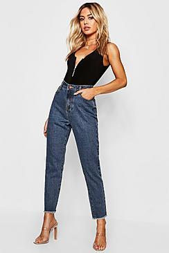 Boohoo Petite Raw Hem Mid Wash Mom Jean