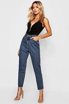 Boohoo Petite Raw Hem Mid Wash Mom Jean