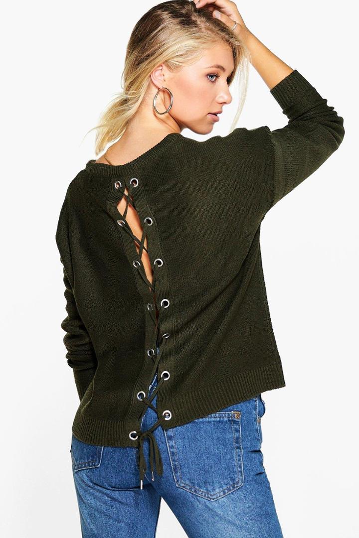 Boohoo Emma Eyelet Lace Up Jumper Khaki