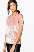 Boohoo Valerie Crushed Velvet Cold Shoulder Top Pink