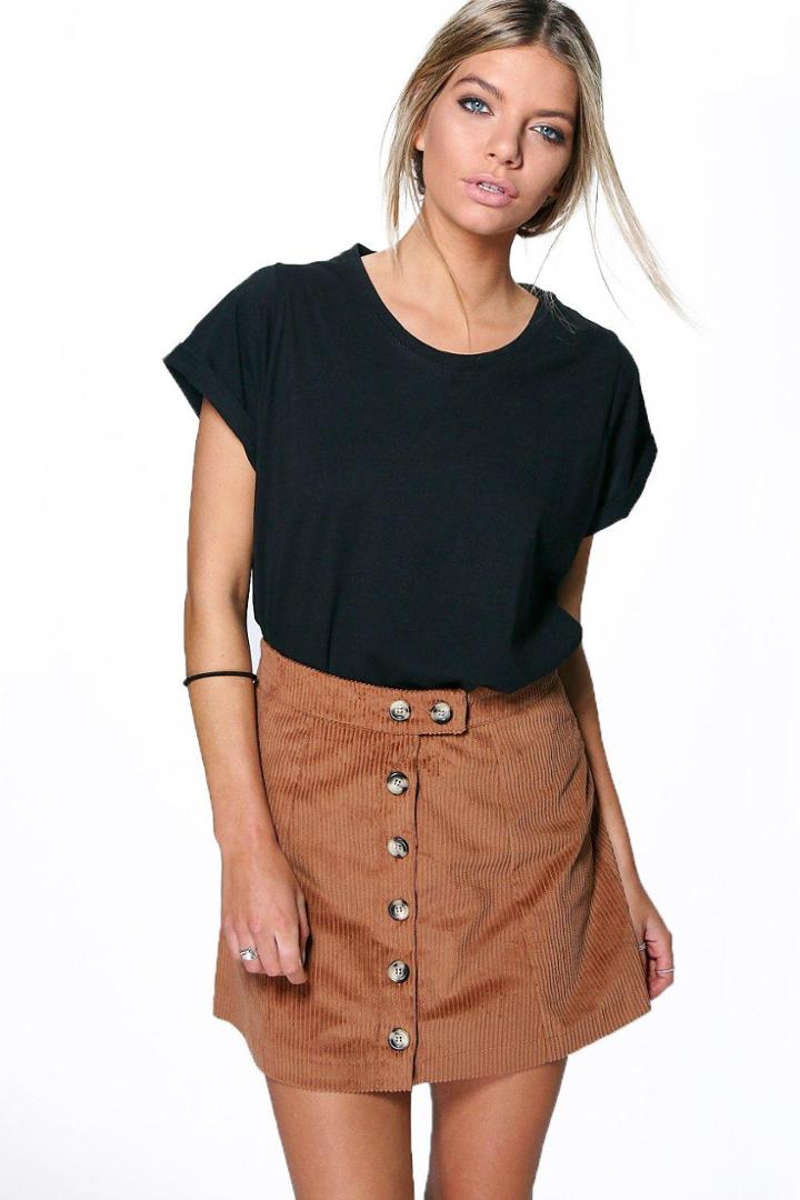 Boohoo Liberty Button Front Jumbo Cord Mini Skirt Camel