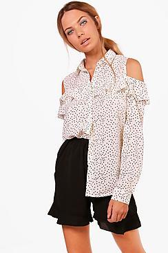 Boohoo Georgia Ruffle Spot Open Shoulder Shirt
