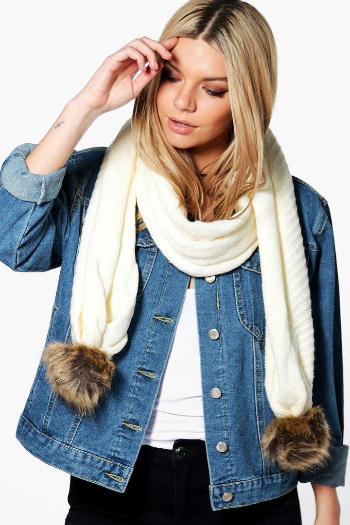 Boohoo Ellie Faux Pom Trim Cable Knit Scarf Cream
