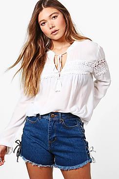 Boohoo Violet Woven Crochet Insert Tunic Top