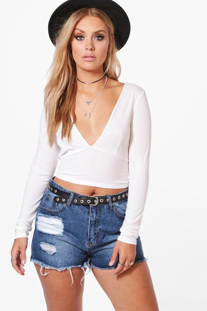 Boohoo Plus Jessica Ribbed Plunge Neck Top White