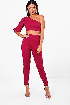Boohoo Pia One Shoulder Crop & Skinny Trouser Set