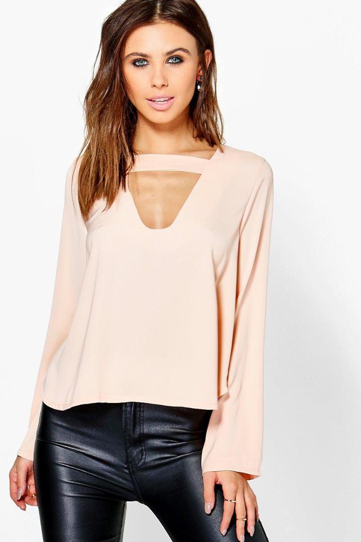 Boohoo Petite Mia Open Neck Detail Blouse Rose