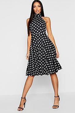 Boohoo Polka Dot High Neck Midi Dress