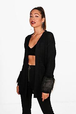 Boohoo Abigail Faux Fur Cuff Chunky Cardigan