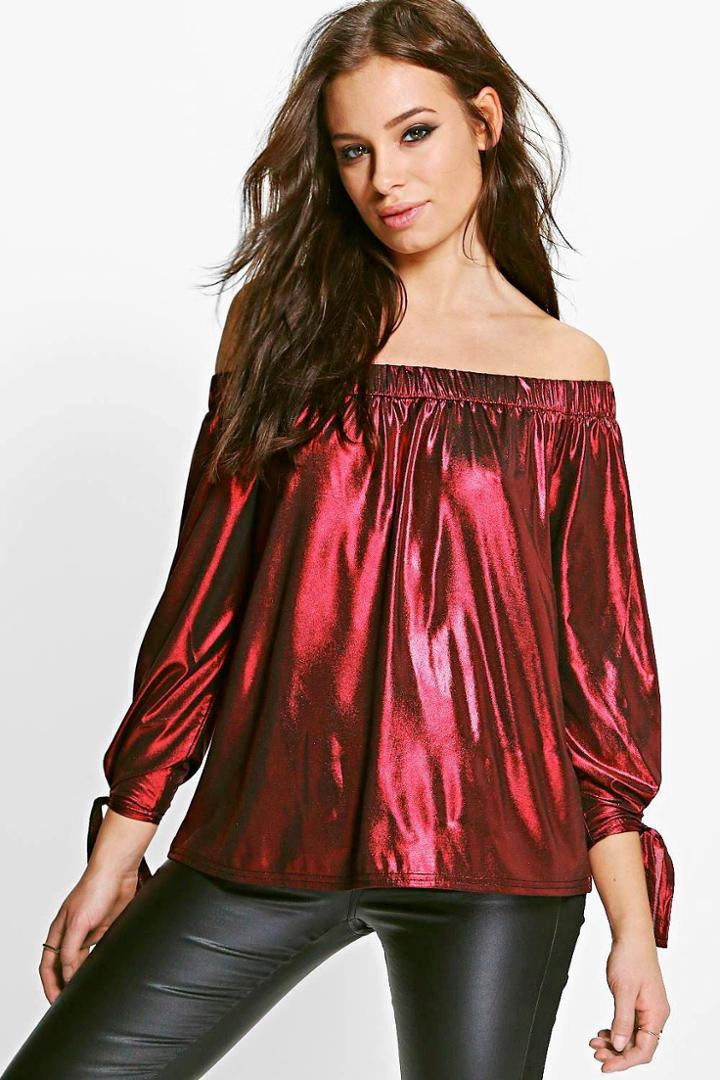 Boohoo Flora Metallic Bardot Top Wine
