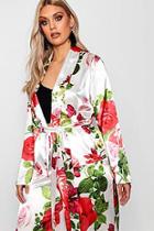 Boohoo Plus Maya Rose Print Satin Belted Jacket