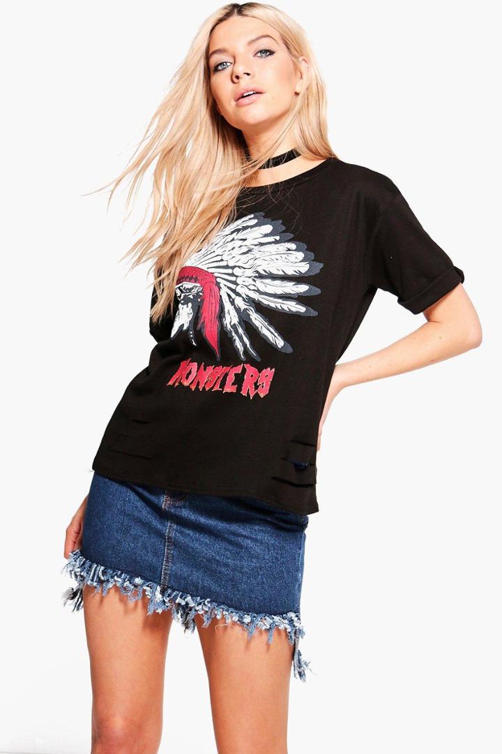 Boohoo Violet Printed Distressed Western Tee Black