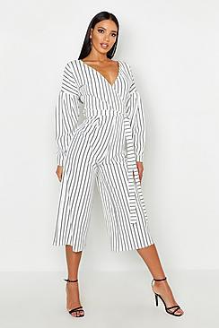 Boohoo Striped Off The Shoulder Culotte Jumpsuit