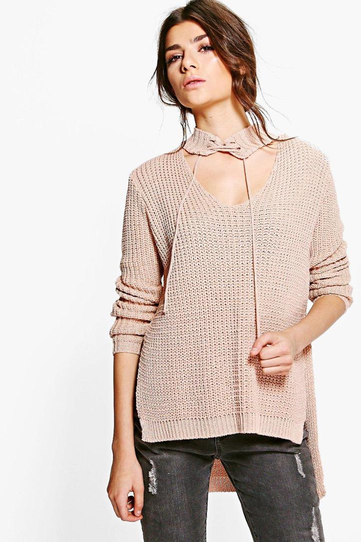Boohoo Alisha Lace Up Neck Choker Jumper Nude