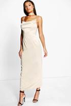 Boohoo Di Satin Cowl Neck Open Back Maxi Dress Stone