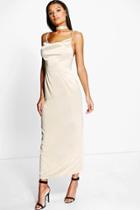 Boohoo Di Satin Cowl Neck Open Back Maxi Dress Stone