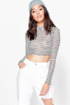 Boohoo Petite Emily Metallic Stripe Knit Turtleneck Crop Top Multi