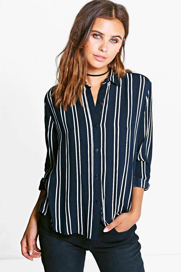 Boohoo Petite Sasha Striped Oversized Shirt Navy