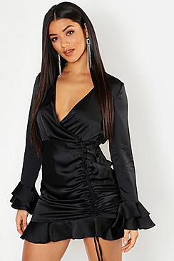 Boohoo Rouched Front Flared Sleeve Wrap Dress
