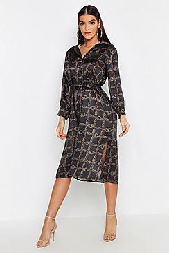 Boohoo Satin Chain Metal Belted Midi Shirt Dress