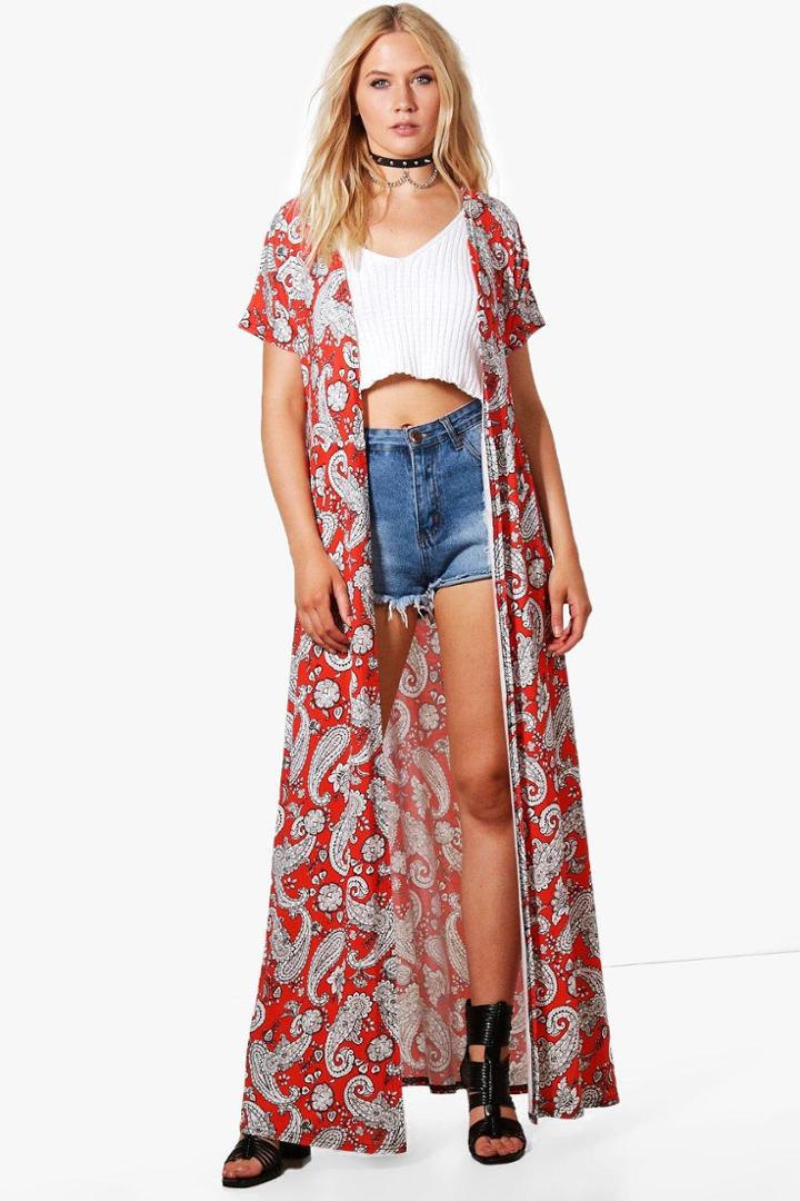 Boohoo Ellie Printed Maxi Kimono Red