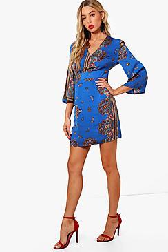 Boohoo Jo Wide Sleeve Satin Scarf Print Shift Dress