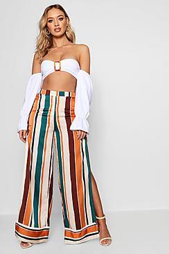 Boohoo Laura Woven Rouche & Split Stripe Wide Leg Trouser