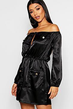 Boohoo Satin Utility Pocket Dress
