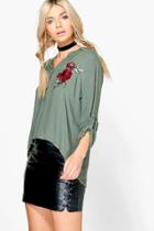 Boohoo Nina Embroidered Curve Hem Woven Blouse Khaki