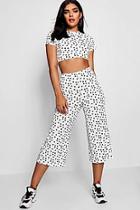 Boohoo Nancy Spot Print Ribbed Top Culotte Co-ord