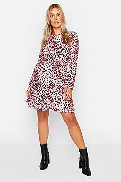 Boohoo Plus Wrap Front Woven Animal Skater Dress