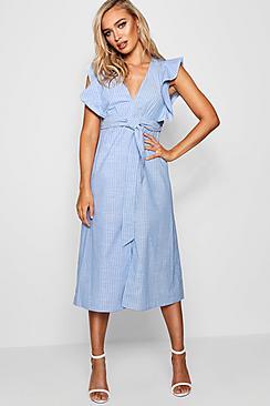 Boohoo Penny Ruffle Shoulder Stripe Skater Dress