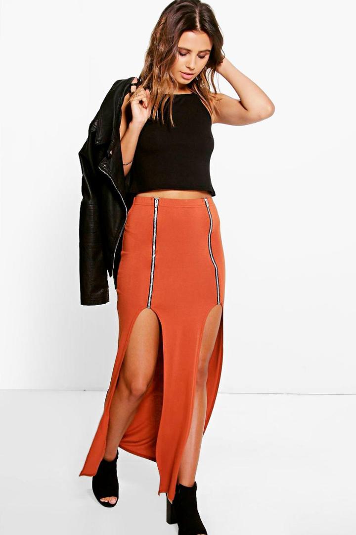 Boohoo Petite Elsa Zip Detail Split Maxi Skirt Spice